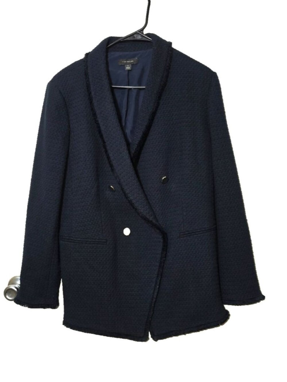 Ann Taylor Tweed Blazer Jacket 18 Blue Professional Old Money Classic Fringe